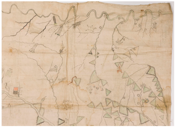 Figure 1. A portion of the Chál-ko-gái map showing rivers, creeks, mountains, and associated pictographs. Source: National Museum of Natural History.
