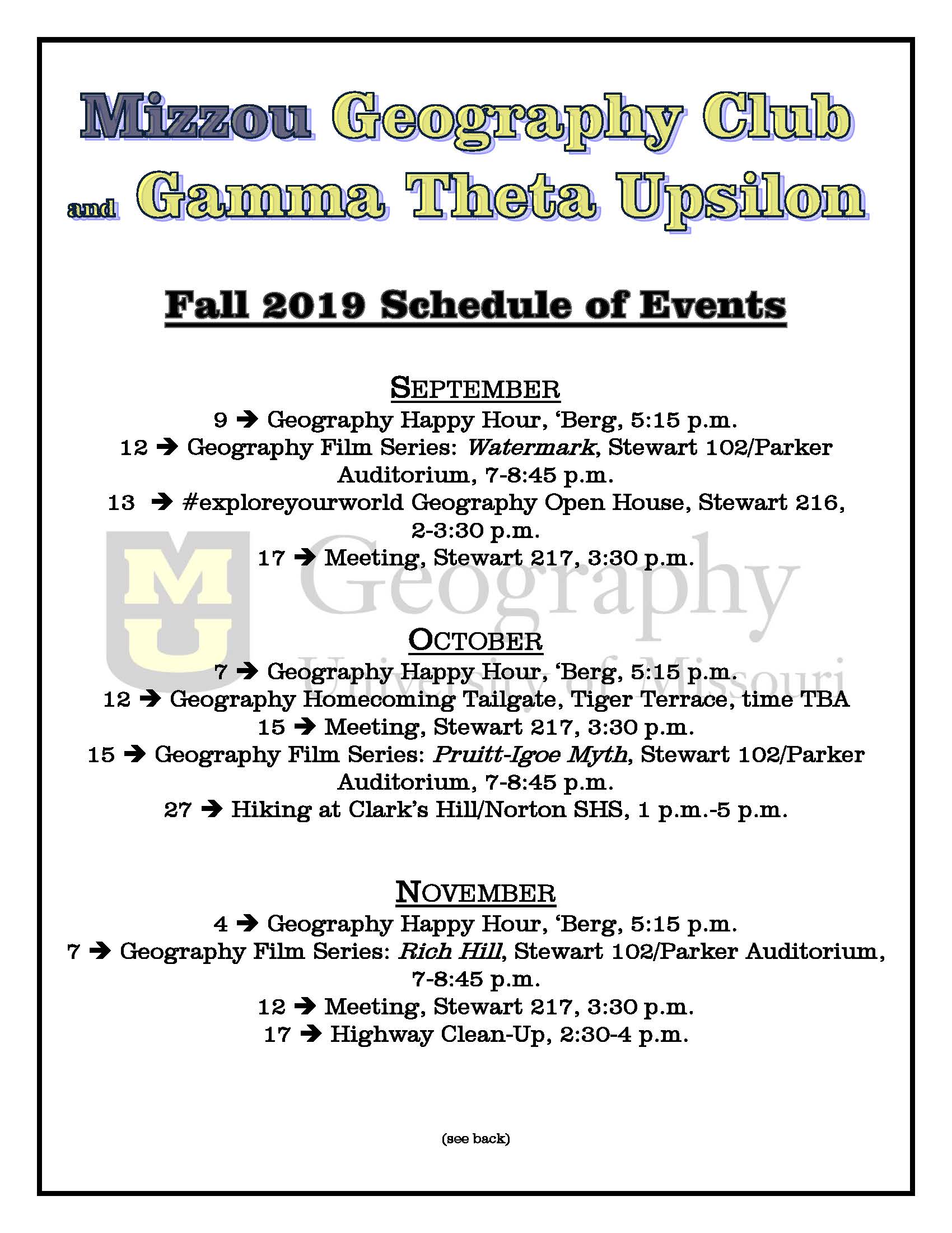 Fall 2019 Schedule of Events