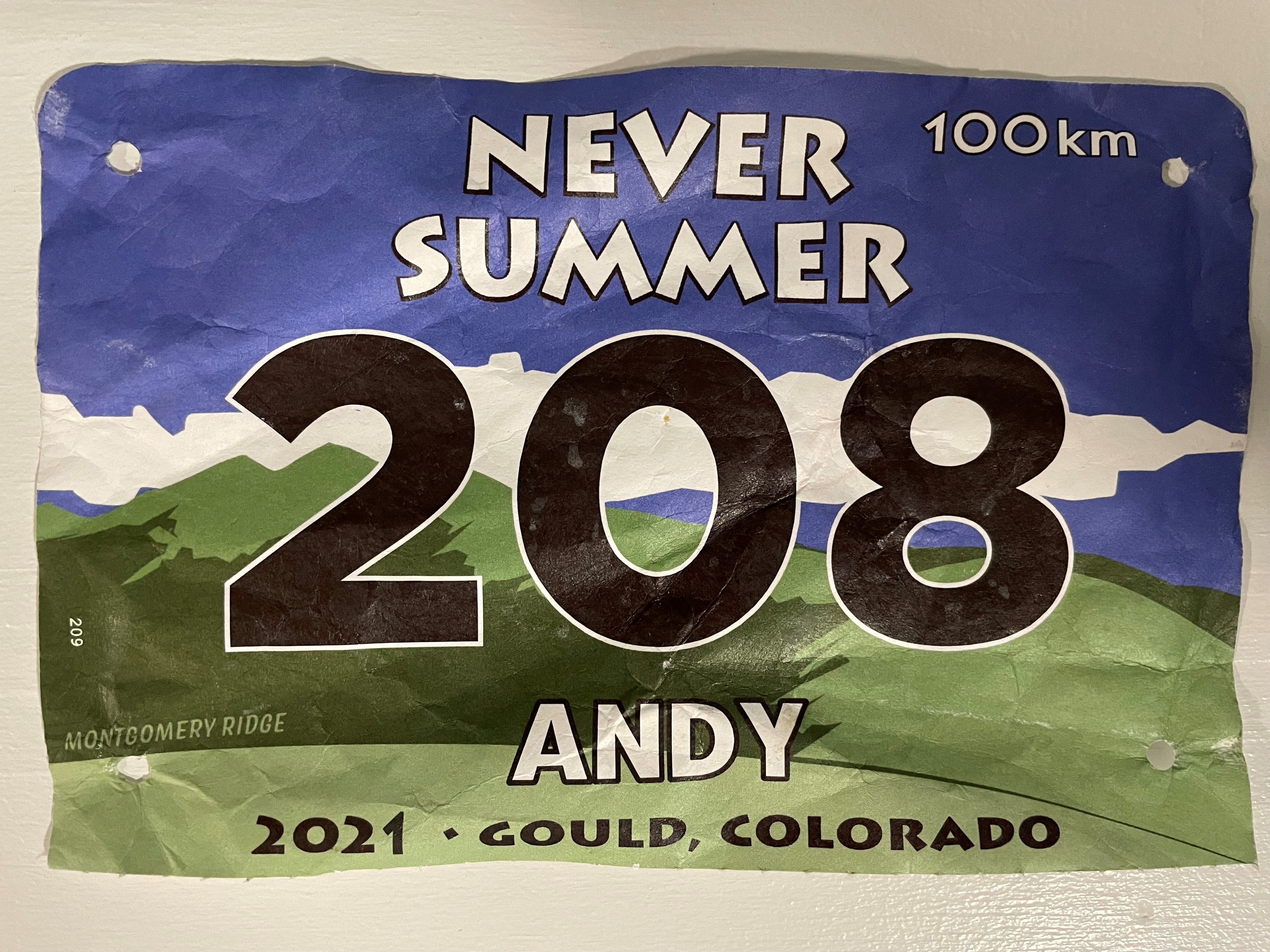 Andy's "Never Summer" race tag. He was entry 208.