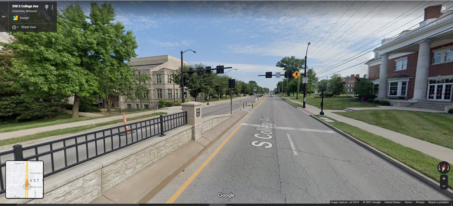 Picture of College Avenue signalized crosswalk-median/barrier.