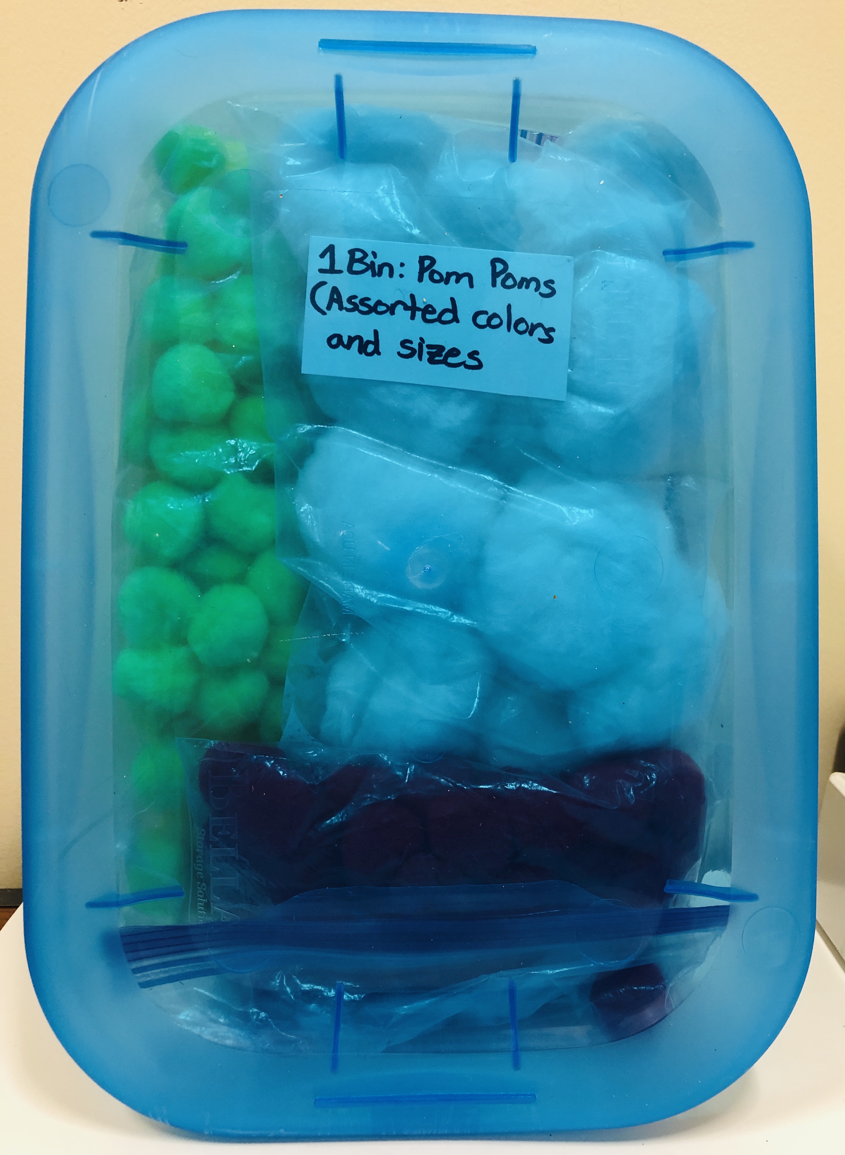 1 bin of pom pom balls (assorted colors and sizes)